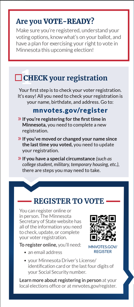 Check your registration on mnvotes.gov/register and then Register to vote if you are not.