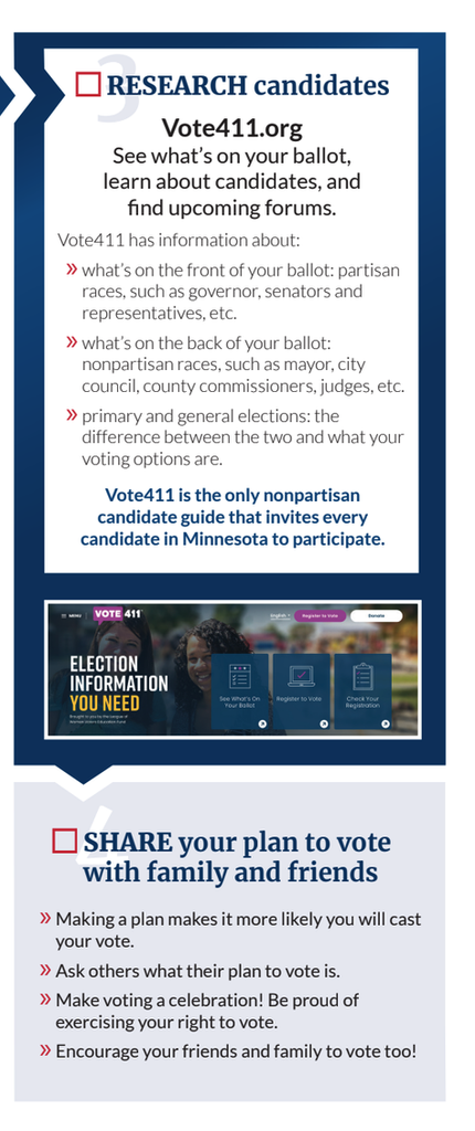 Research candidates on vote411.org and share your voting plan with family and friends - helps with commitment and make voting a celebration that encourages others