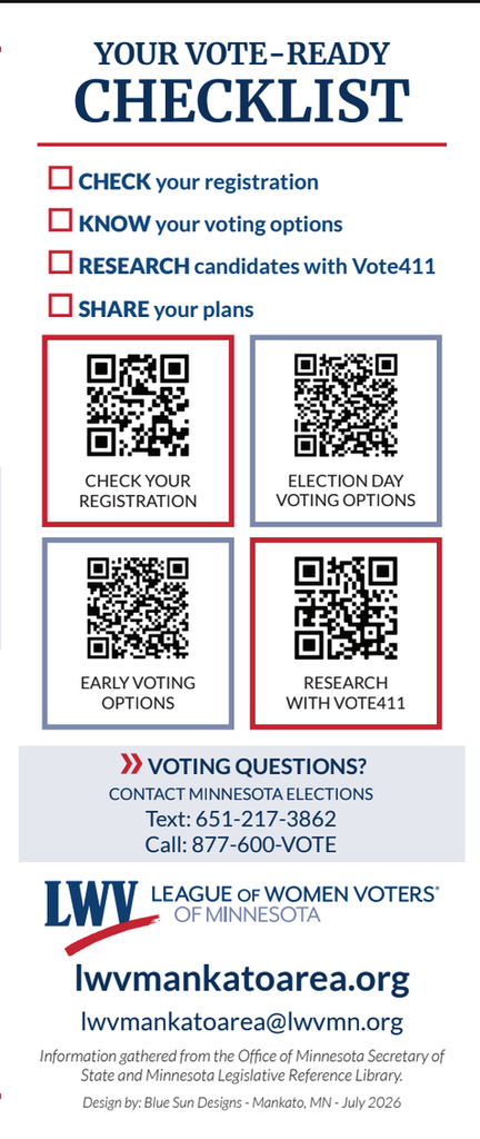 Your vote-ready checklist: Check registration, Know voting options, Research candidates, Share your plans.  Questions: call 877-600-VOTE